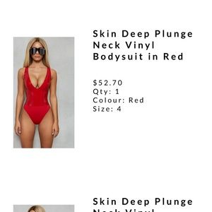 Oh Polly Skin Deep Plunge Neck Vinyl Bodysuit in red